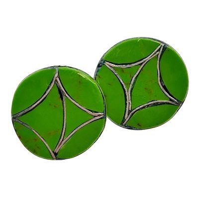 Karen Lalio Zuni Sterling Gaspeite Earrings. Karen Lalio Zuni Sterling inlay Gaspeite round 