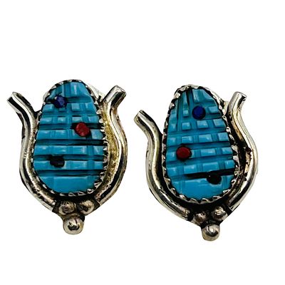 Tracy Bowekati Zuni Sterling Multi Stone Carved Corncob Earrings. Tracy Bowekati Zuni Sterling 