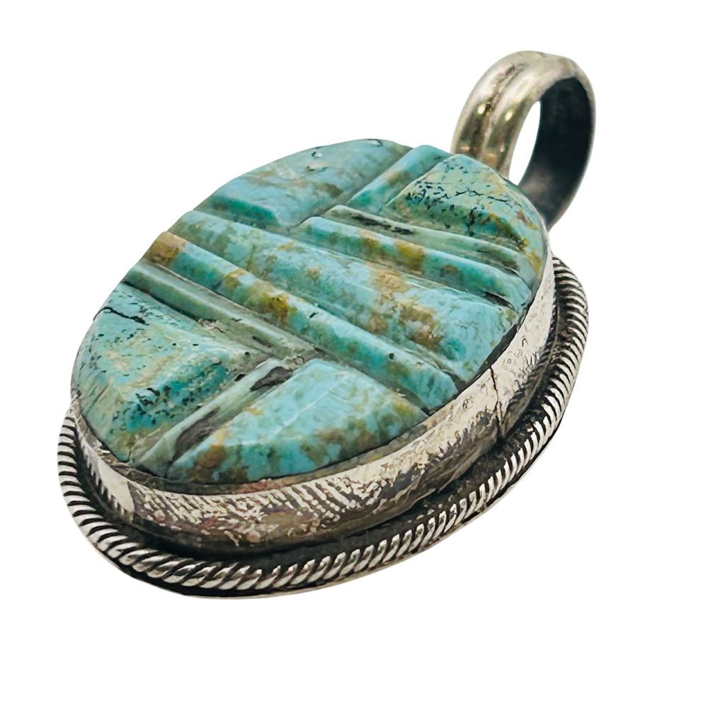 Lot 166: Scott Skeets Navajo Sterling Carved Kingman Turquoise Pendant