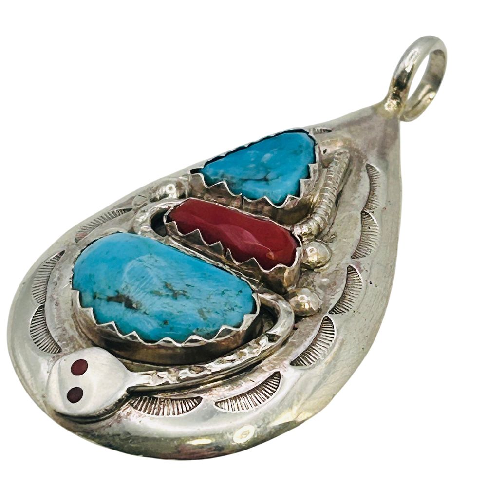 Lot 201: Effie Calavaza Zuni Sterling Turquoise Coral Pendant