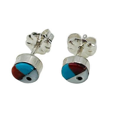 Iris Zuni Sterling Turquoise Coral Studs Earrings .76 grams