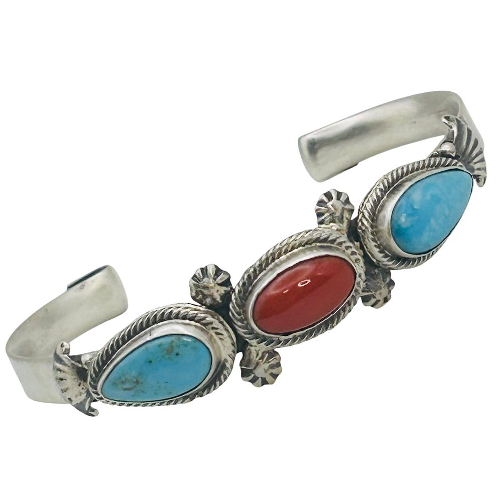 Lot 265: Bobby Platero Navajo Sterling Turquoise Coral Cuff
