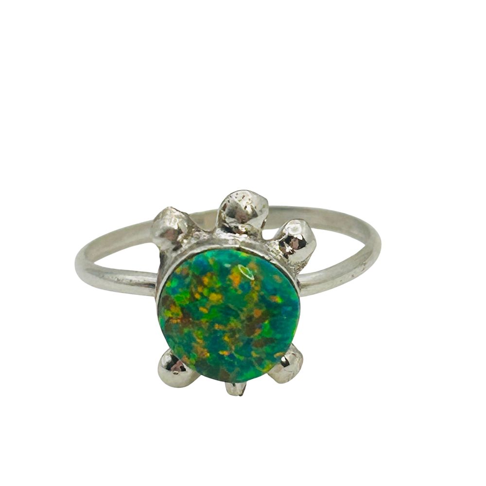 Lot 267: Sarah Bowanie Zuni Sterling Opal Turtle Ring SZ 4.5