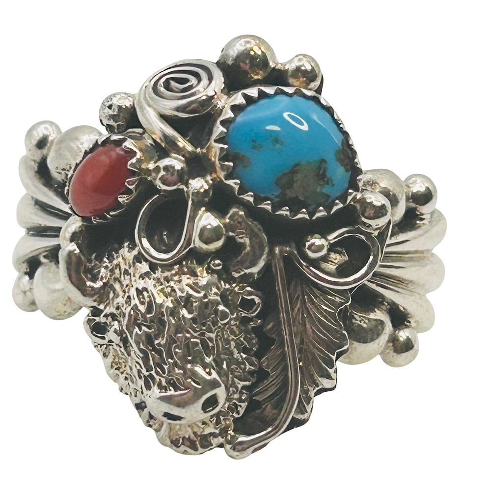 Lot 270: Jeane Saunders Navajo Sterling Turquoise Coral Ring SZ 12