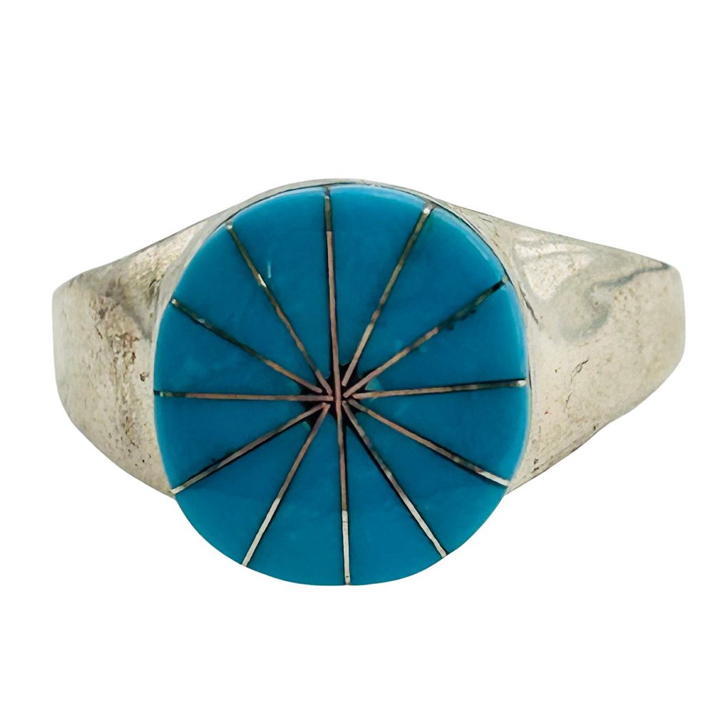 Lot 278: Johnson Laweka Zuni Sterling Kingman Turquoise Inlay Ring SZ 9