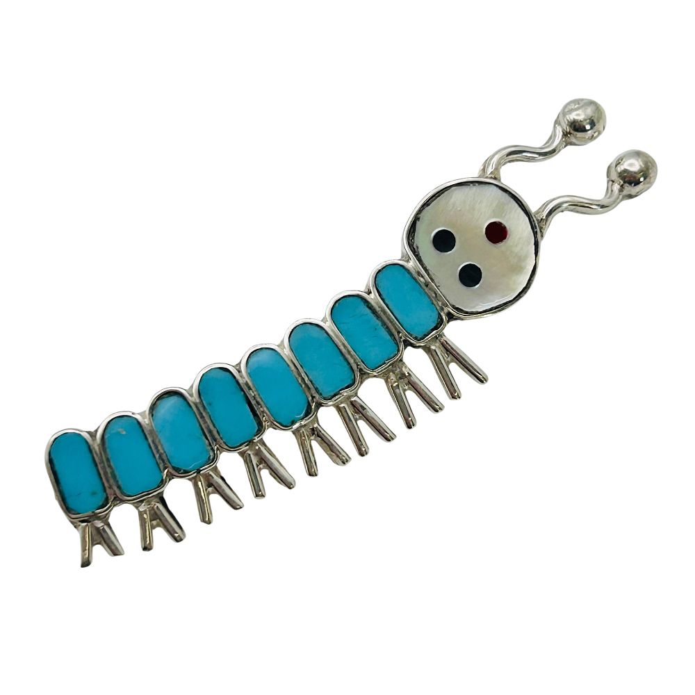 Lot 298: Emma Edaakie Zuni Sterling Multi Stone Caterpillar Pin