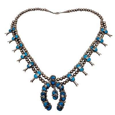 Effie Calavaza Zuni Sterling Kingman Turquoise Snake Squash Necklace 116.38 grams approximately 