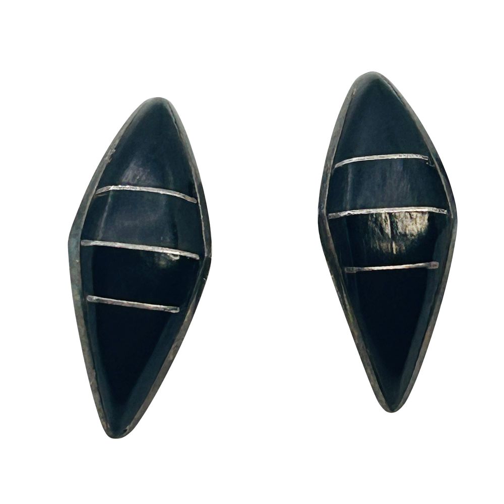 Lot 407: Navajo Signed RK Curved Shaped Sterling Onyx Earrings