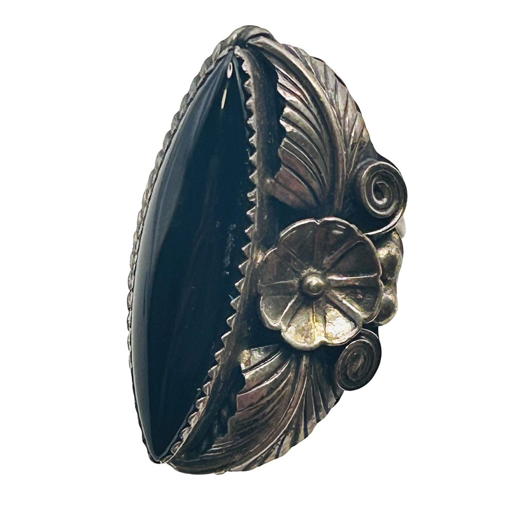 Lot 410: Navajo Signed C Onyx Sterling Ring Size 8