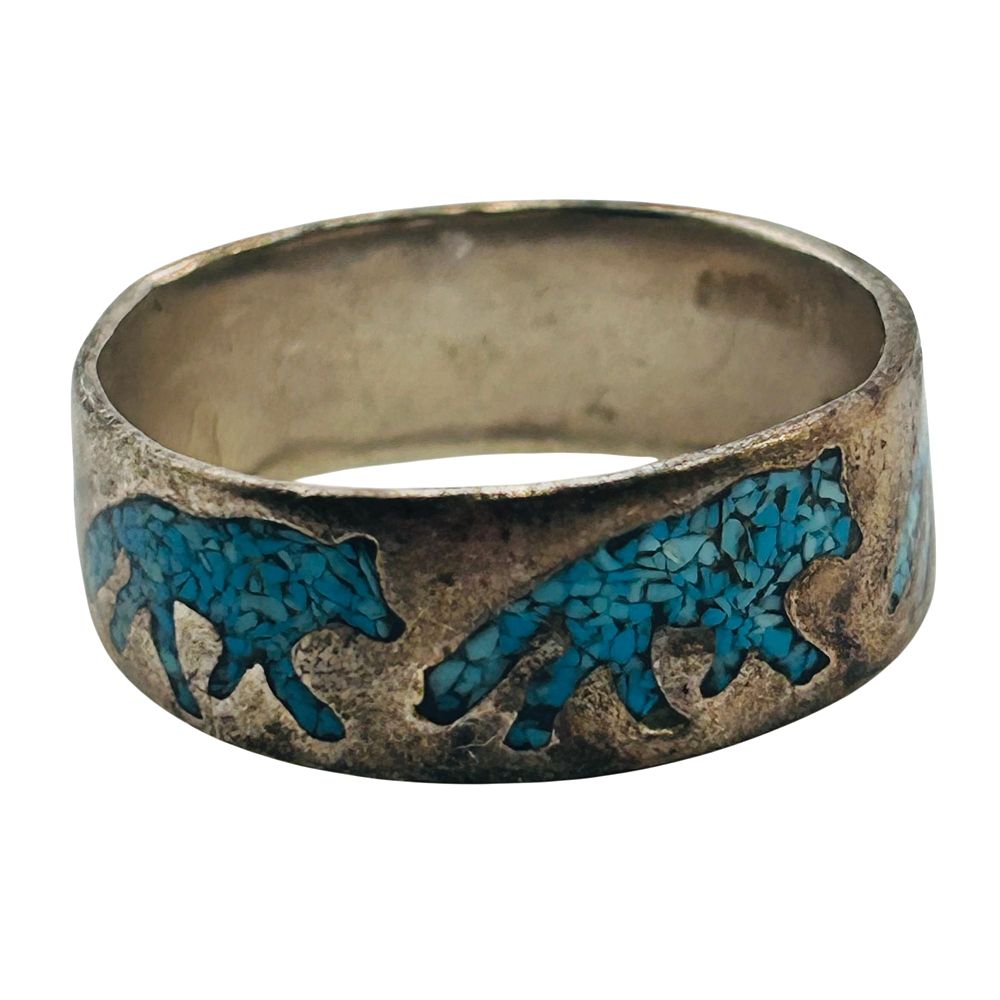 Lot 413: Native Crushed Turquoise And Coral Sterling Wolf Band Size 8