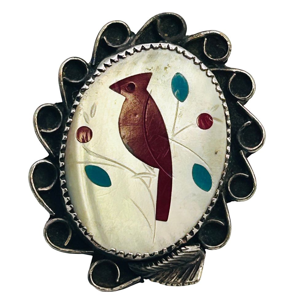 Lot 415: Vintage Zuni Inlay Stone Sterling Bird Statement Ring Sz 7