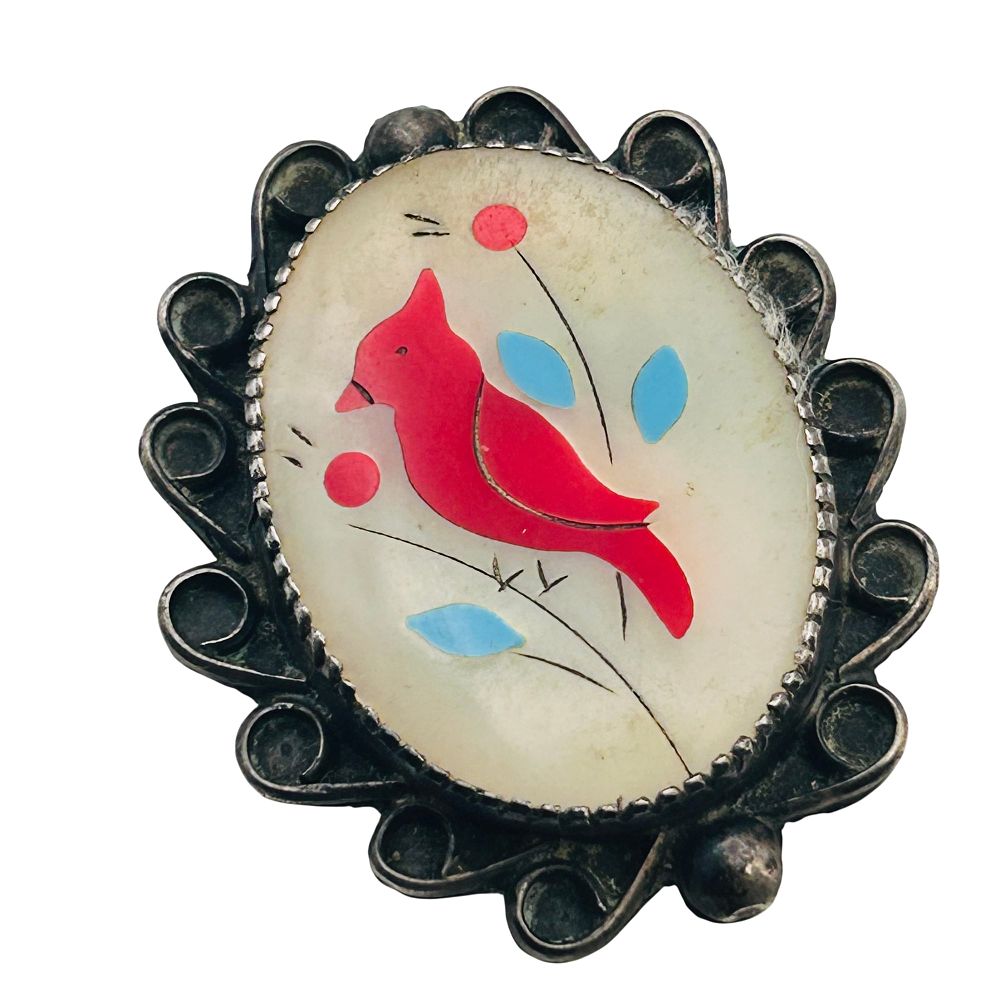 Lot 416: Zuni Vintage Sterling Oval Inlay Stone Bird Pendant