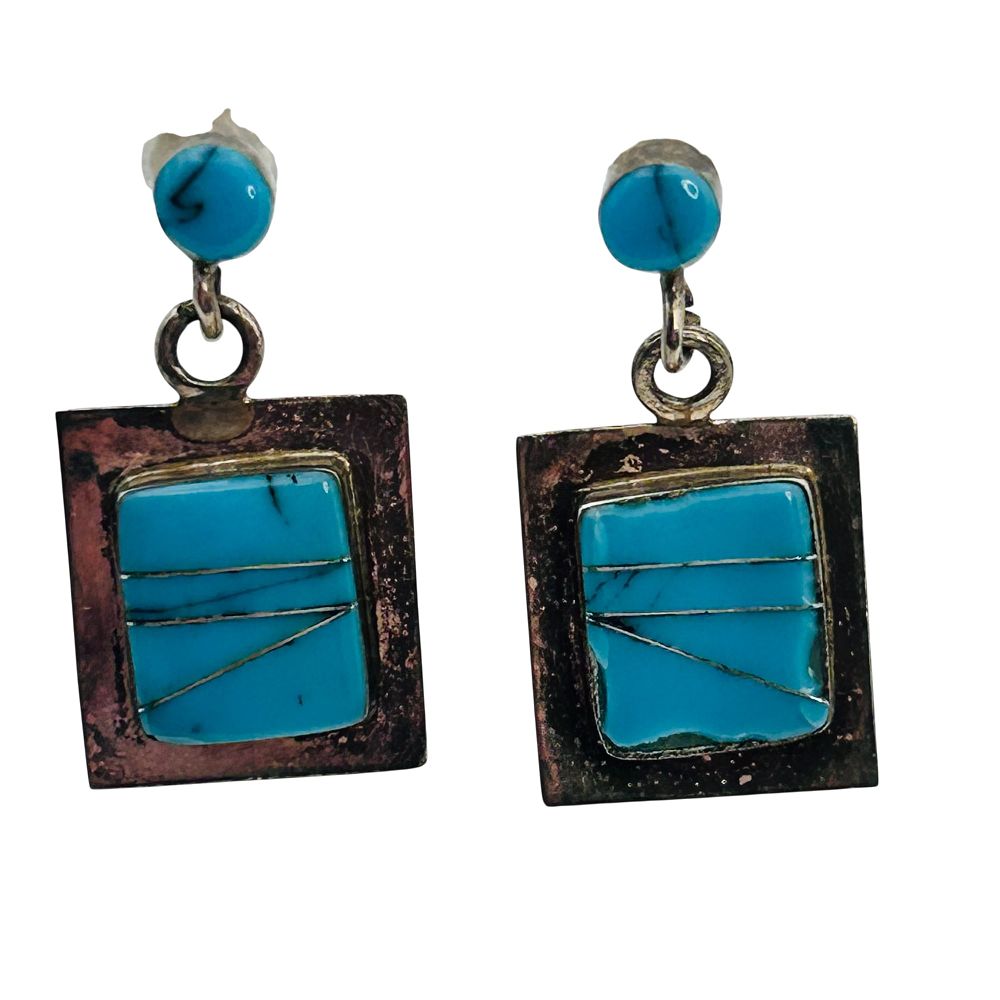 Lot 419: Native Inlay, Turquoise Sterling Pushback Dangle Earrings