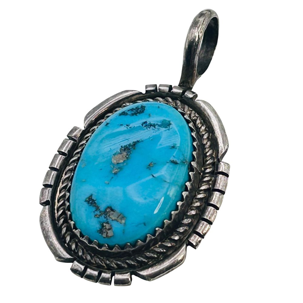 Lot 422: Navajo Hand Signed, Turquoise, Oval Sterling Pendant