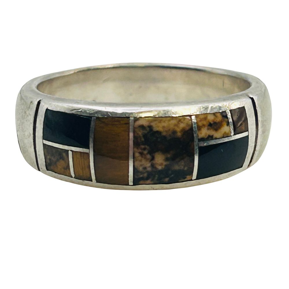 Lot 426: Navajo Inlay Tigers Eye, Jasper Signed TS Sterling Band Size 9