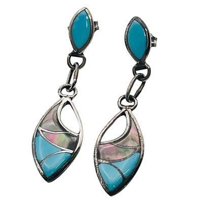 Navajo Turquoise And Abalone Sterling Dangle Earrings 3.47 G. Navajo turquoise and abalone 