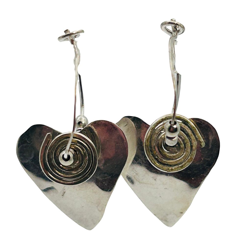 Lot 437: Native Signed AH Hammered Sterling Heart Hoop Earrings