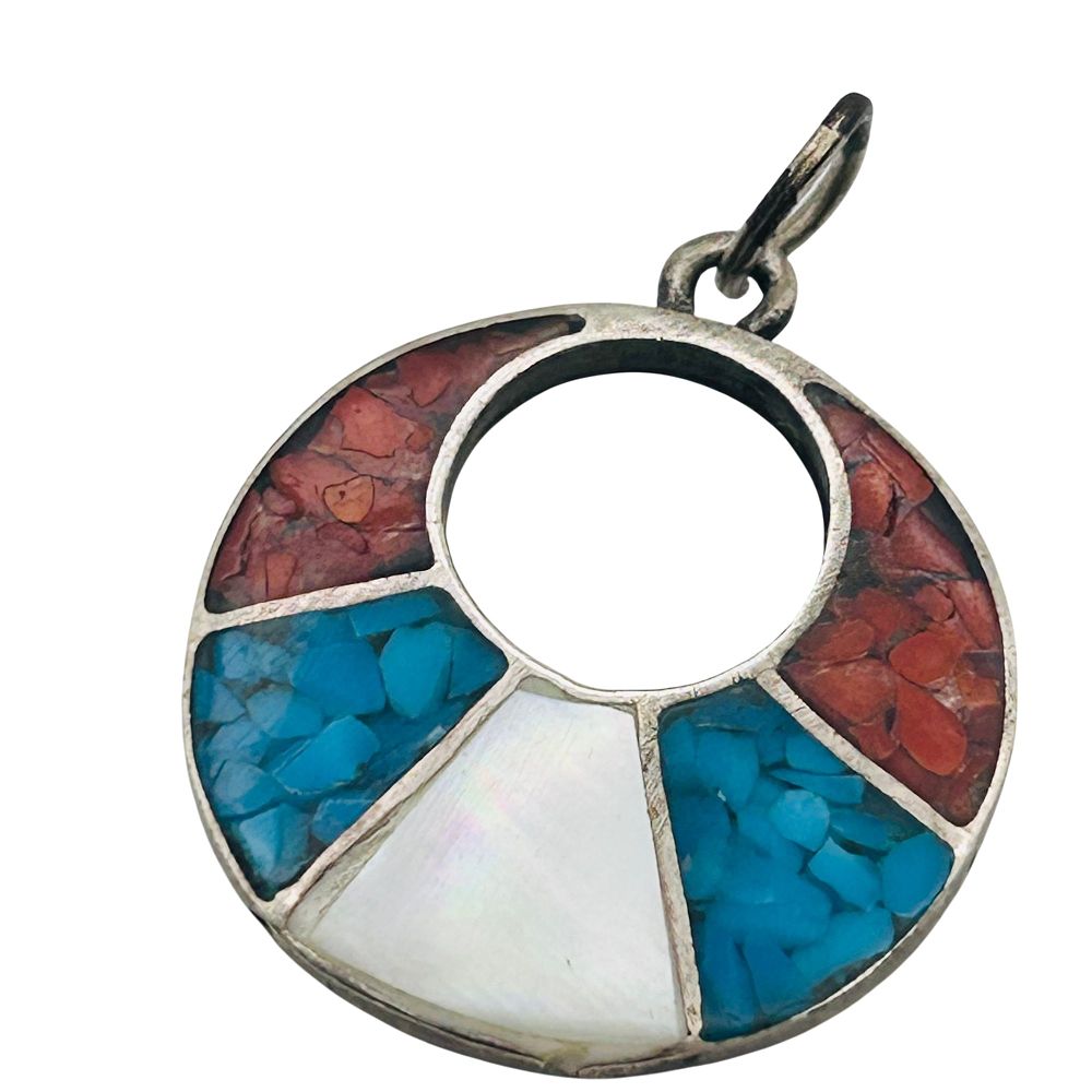 Lot 439: Navajo Crushed Turquoise And Coral Mother Of Pearl Circle Cutout Pendant.