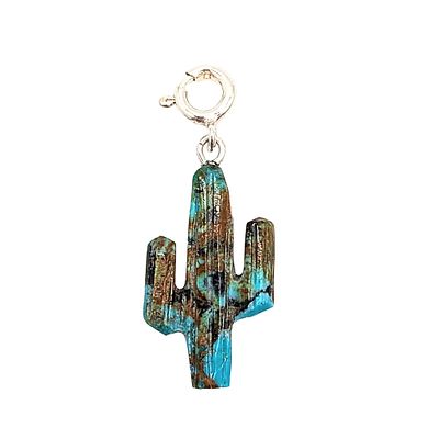 Native Hand Carved Ice Blue Dhalia Turquoise Sterling Silver Cactus Charm 1.2g