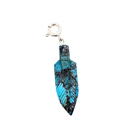 Native Hand Carved Ice Blue Dhalia Turquoise Sterling Silver Feather Charm 1.3g