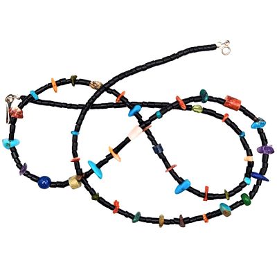 Native Made Beaded Multi Gemstone Sterling Silver Fetish Necklace. Native Made Multi Gemstone 