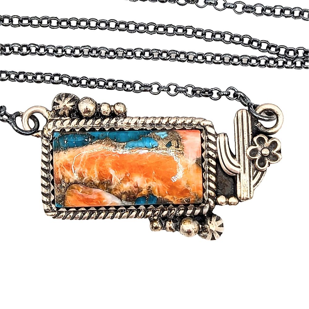 Lot 221: Southwest Sterling Silver Spiny Mojave Turquoise Cactus Flower Necklace