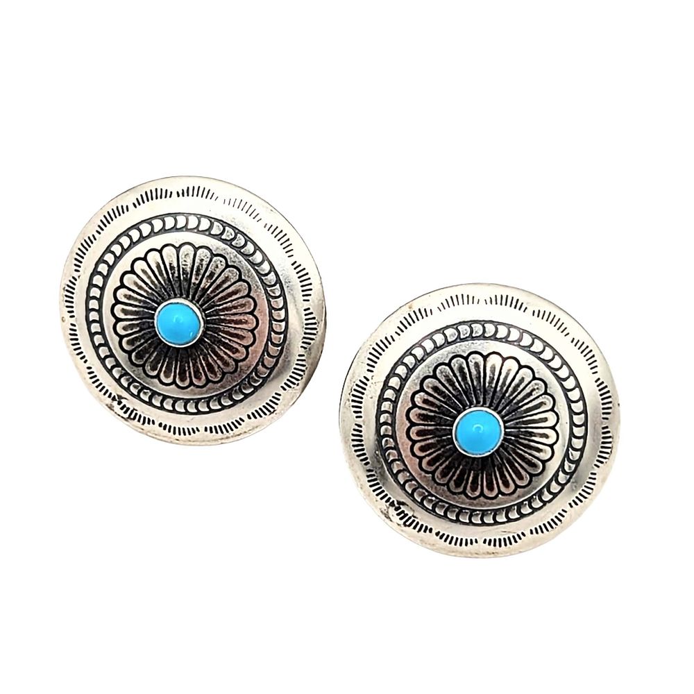 Lot 300: Southwest Sterling Silver Turquoise Stamped Concho Stud Earrings