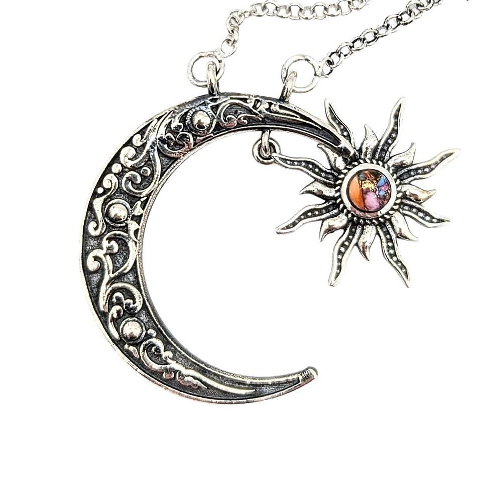 Lot 320: Southwest Sterling Silver Spiny Mojave Turquoise Sun Moon Necklace