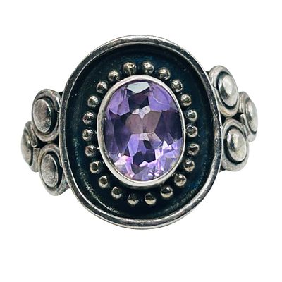 Sterling Amethyst Balinese Single Stone Ring Size 7 7.7g