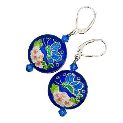 Sterling Cloisonne Enamel Butterfly And Flower Lever Back Earrings. Sterling cloisonn&eacute; 