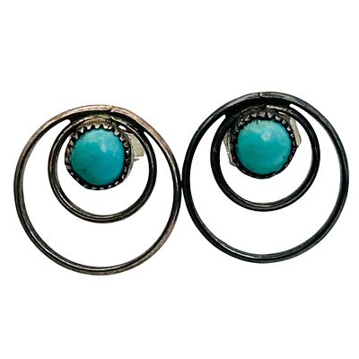 Southwest Sterling Turquoise Double Circular Stud Earrings. Southwest sterling turquoise double 