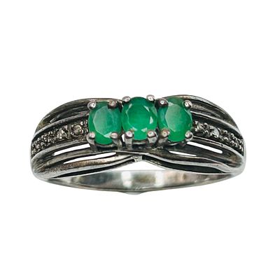 Sterling Three Stone Emerald Clear Stone Accent Ring Size 7 3.4g