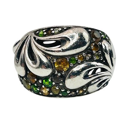 Signed Sterling Citrine And Emerald Cluster Ring Sz 7. Signed Sterling Citrine and emerald 