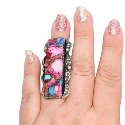 Tia Long Navajo Sterling Pink Dahlia Adjustable Ring 16g, Sz 6