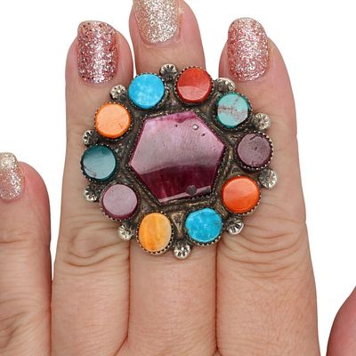 Selena Warner Navajo Sterling Multi-Stone Ring Sz 7, 18g-Turquoise, Spiny Oyster
