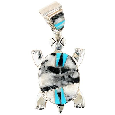 Calvin Begay Navajo Sterling Multi-Stone Inlay Turtle Pendant 21g-Turquoise, White Buffalo Turquoise