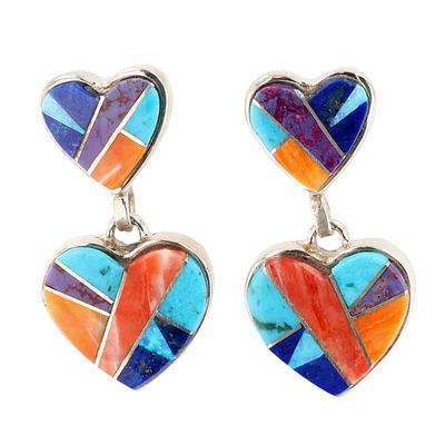Calvin Begay Navajo Sterling Multi-Stone Inlay Heart Earrings 12.5g-Spiny Oyster, Turquoise 