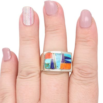 Tully Gustine Navajo Sterling Multi-Stone Inlay Ring Sz 11, 21g- Turquoise, Spiny Oyster, Lapis