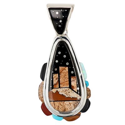 Calvin Begay Navajo Sterling Multi-Stone Inlay Pendant 25g-Turquoise, Onyx, Jasper, Agate