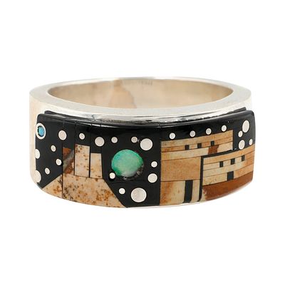 Calvin Begay Navajo Sterling Multi-Stone Inlay Ring Sz 9.75, 13g-Opal, Onyx, Agate