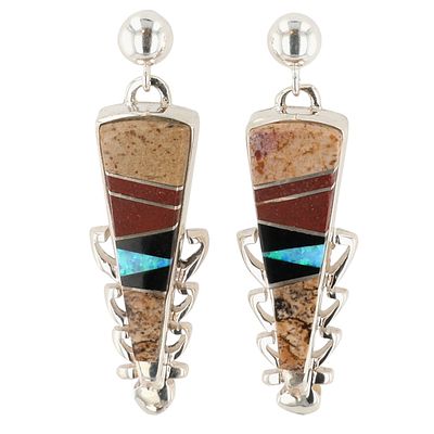 Calvin Begay Navajo Sterling Multi-Stone Inlay Earrings 9g-Agate, Onyx, Opal