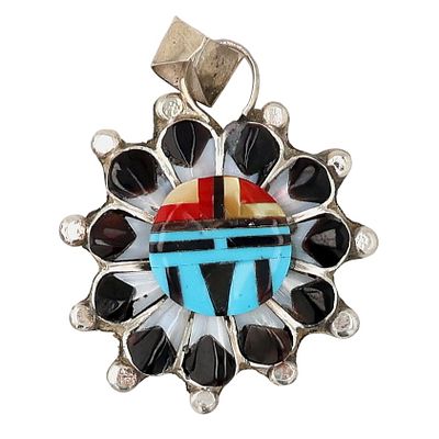 Andrick Dewa Caroline Malani Zuni Sterling Multi-Stone Inlay Sunface Pendant 7.5g-Turquoise 