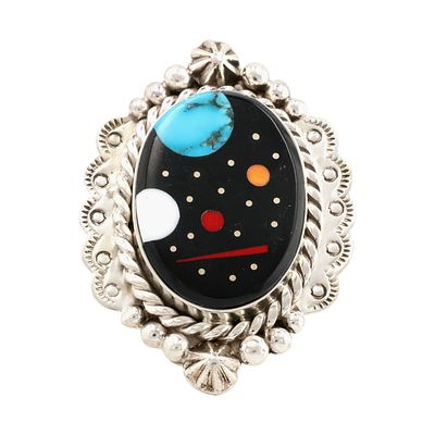 Calvin Desson Navajo Sterling Multi-Stone Night Sky Inlay Ring Sz 7.5, 17.5g-Spiny Oyster, Onyx 