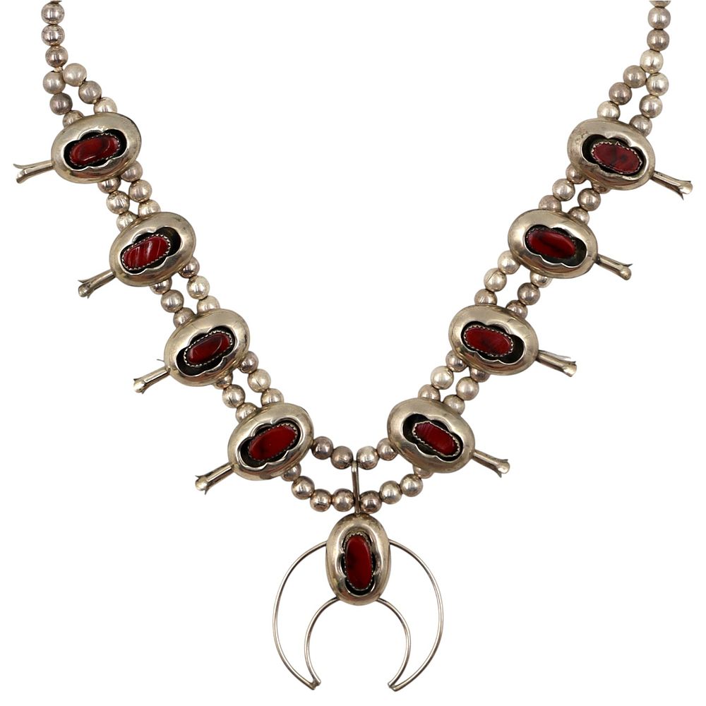Lot 161: Signed Navajo Sterling Dark Red Agate Squash Blossom Necklace