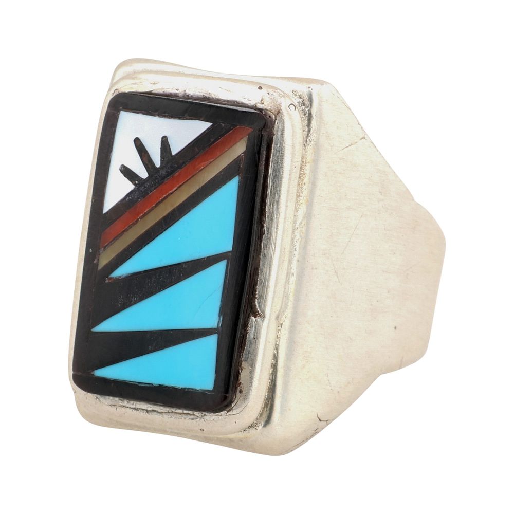 Lot 163: Navajo Sterling Multi-Stone Inlay Ring Sz 9.5
