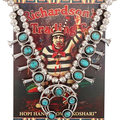 Richardson's Trading Post Phil Garcia Navajo Sterling Turquoise Squash Blossom Necklace. Presente 