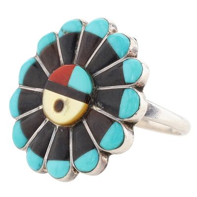 Richardson's Trading Post Vintage Zuni Sterling Multi-Stone Sunface Ring Sz. 7.5. Presented in 