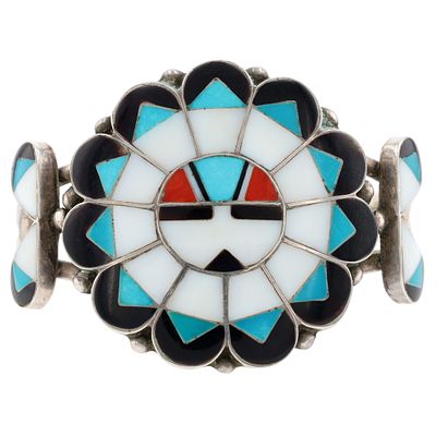 Richardson's Trading Post Vintage Zuni Sterling Multi-Stone Sunface Inlay Cuff Bracelet. Presente 