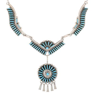 Richardson's Trading Post Helen Harrison Zuni Sterling Needlepoint Turquoise Necklace. Presented 