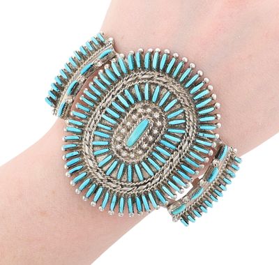Richardson's Trading Post Eva L. Wyaco Zuni Sterling Needlepoint Turquoise Cuff Bracelet. Present 